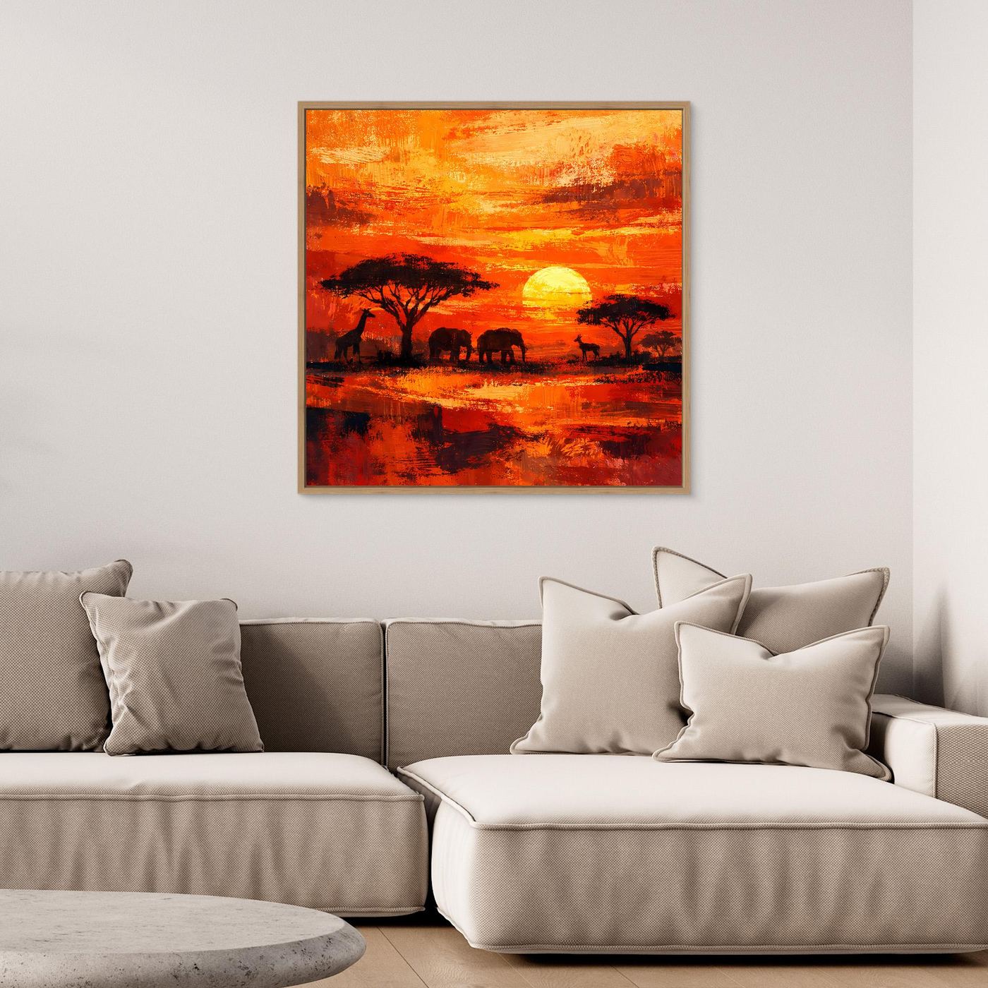 Leinwand Afrikanische Savanne bei Sonnenuntergang | Modernes Elefanten & Giraffen Wandbild