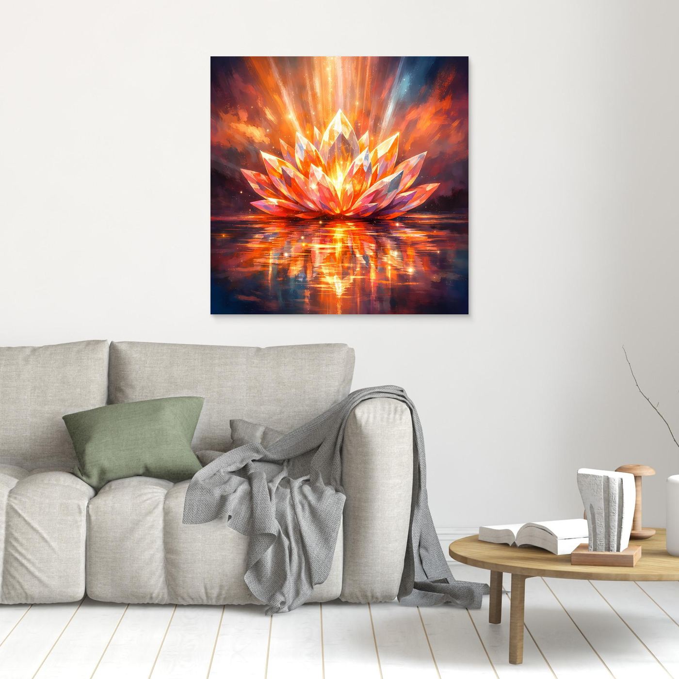 Leinwandbild mit leuchtender Lotusblüte, orange-gelben Strahlen, Spiegelung, schwarzer Rahmen
