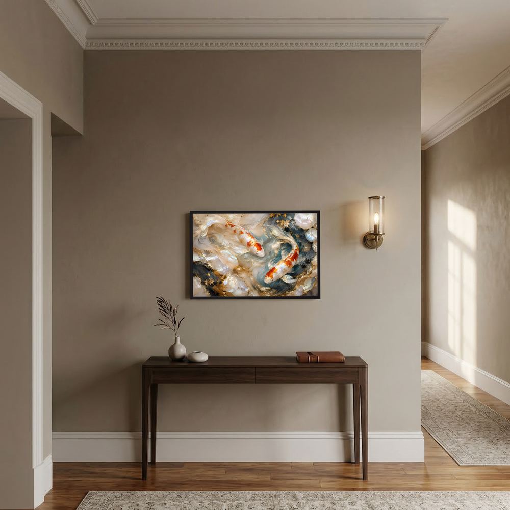 Gerahmtes Querformat-Poster mit Koi-Fischen in Perlmutt- und Goldtönen