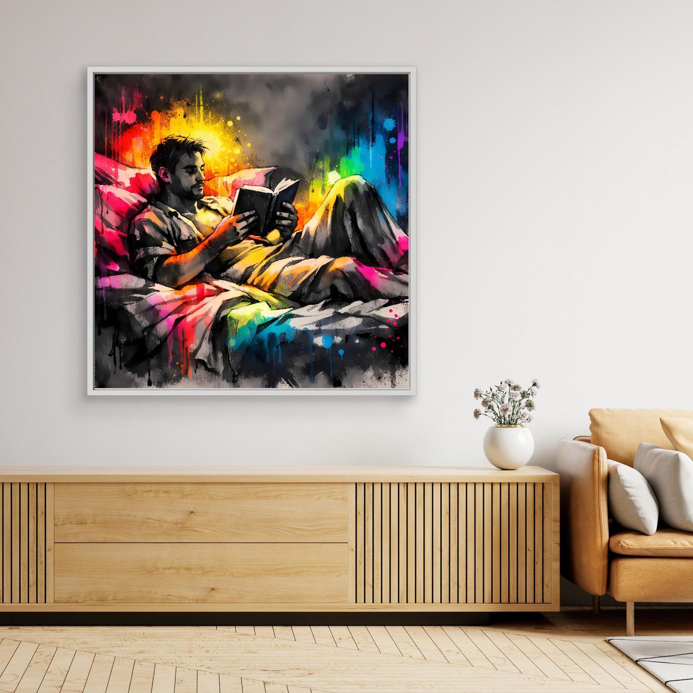 Leinwandbild mit lesendem Mann, abstrakt bunt, weißer Rahmen
