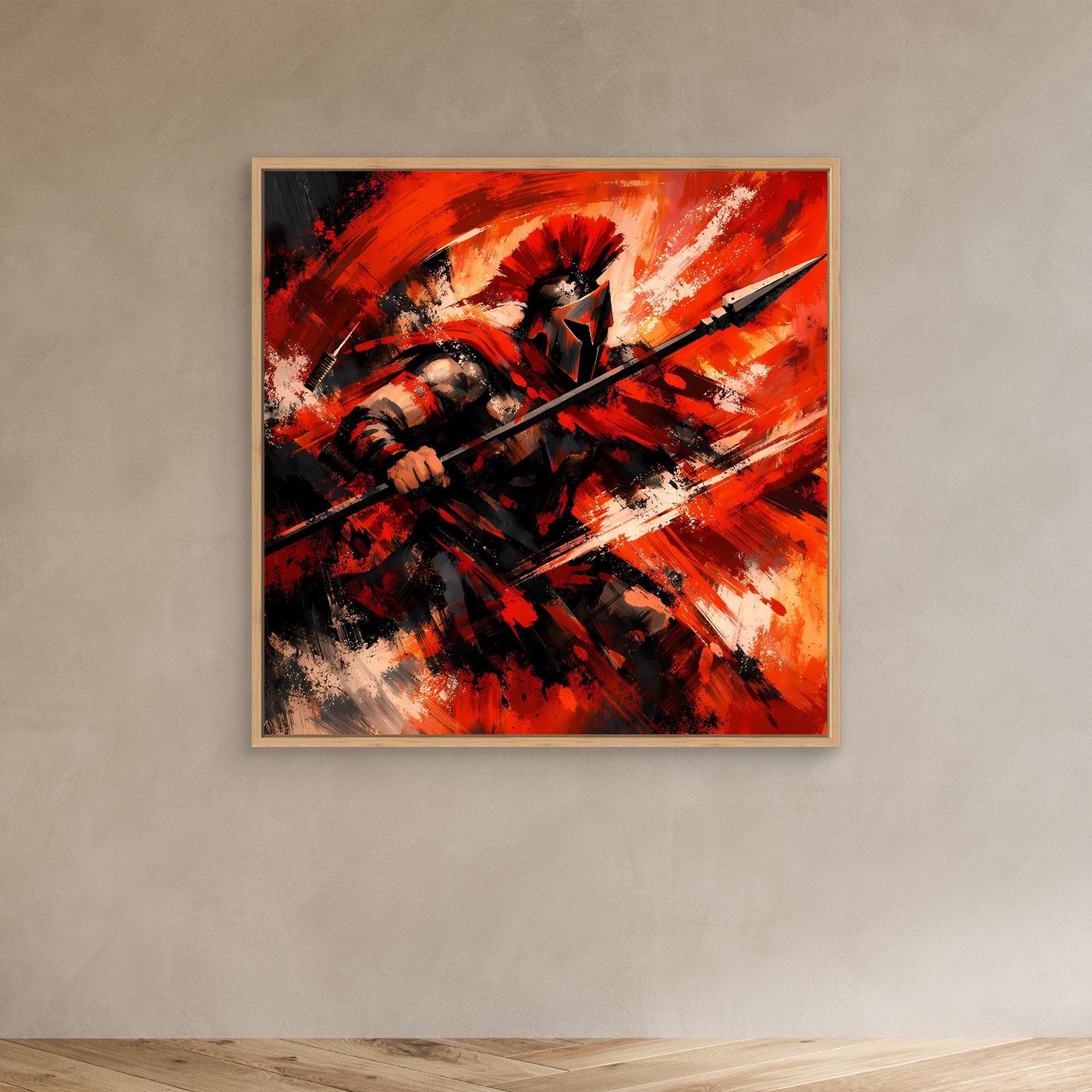 Wandbild mit abstraktem Krieger, rote und schwarze Pinselstriche, Holzrahmen in Hellbraun