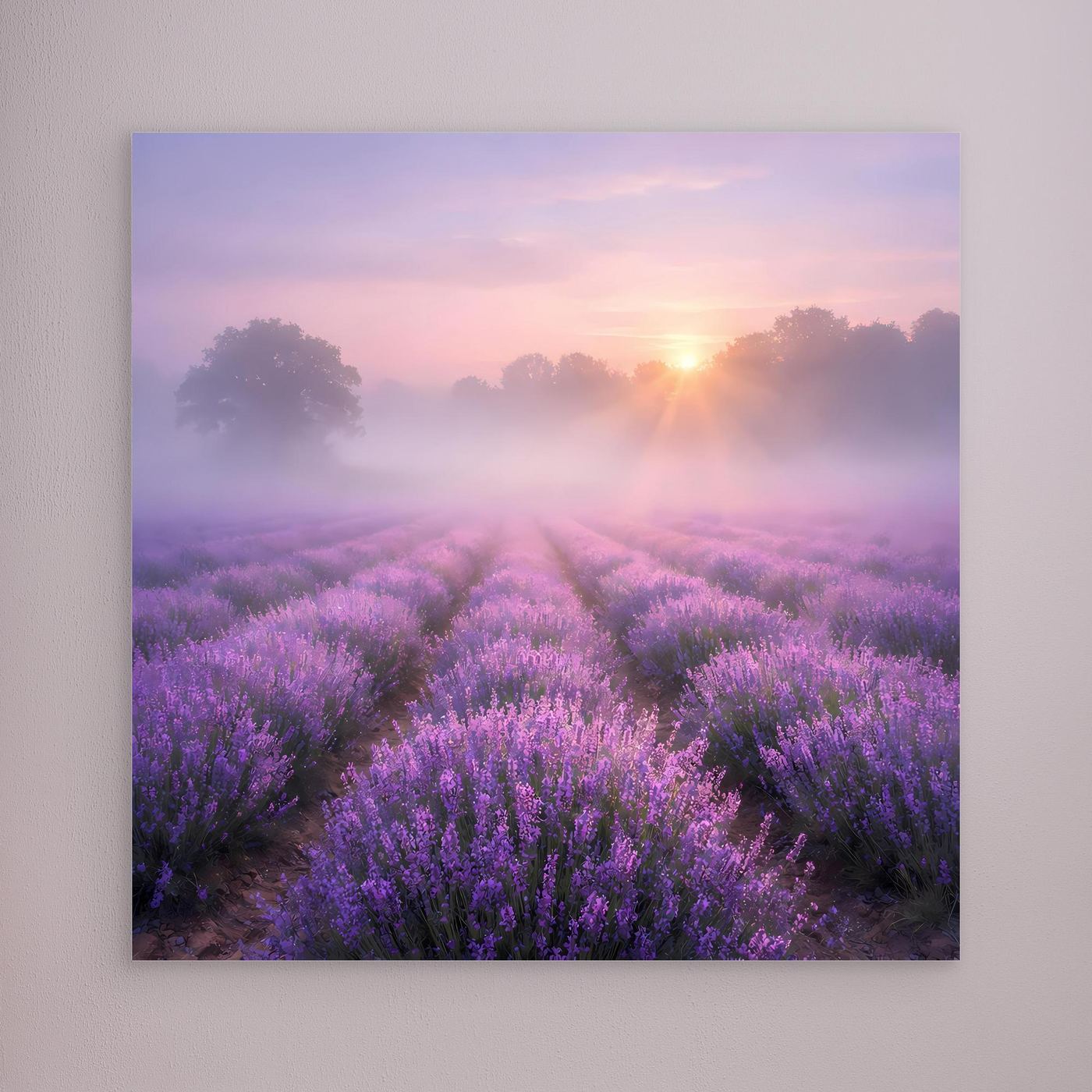Leinwandbild mit Lavendelfeld im Nebel ohne sichtbaren Rahmen