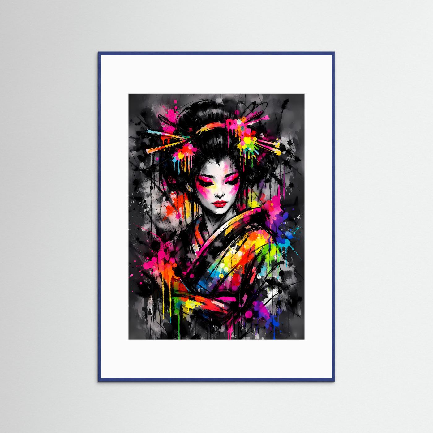 The Neon Geisha | Luxuriöses Geisha Poster Bunt & Dunkel | Abstraktes Japan Kunstposter Hochformat