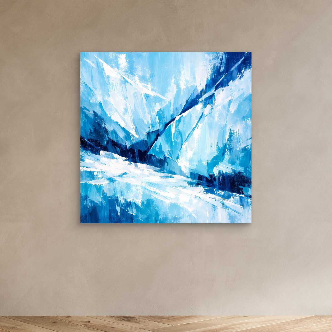 Leinwand-Wandbild mit abstraktem Gletschermotiv in Blau und Weiß, ohne Rahmen