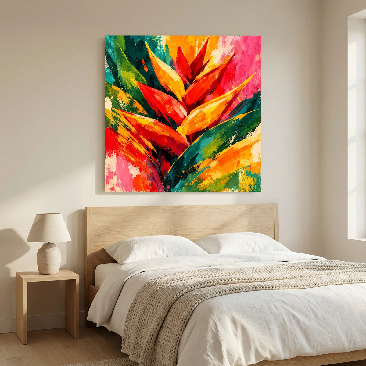 Leinwand Abstrakte Helikonie Blüte | Modernes Tropen Wandbild Bunt Exotisch