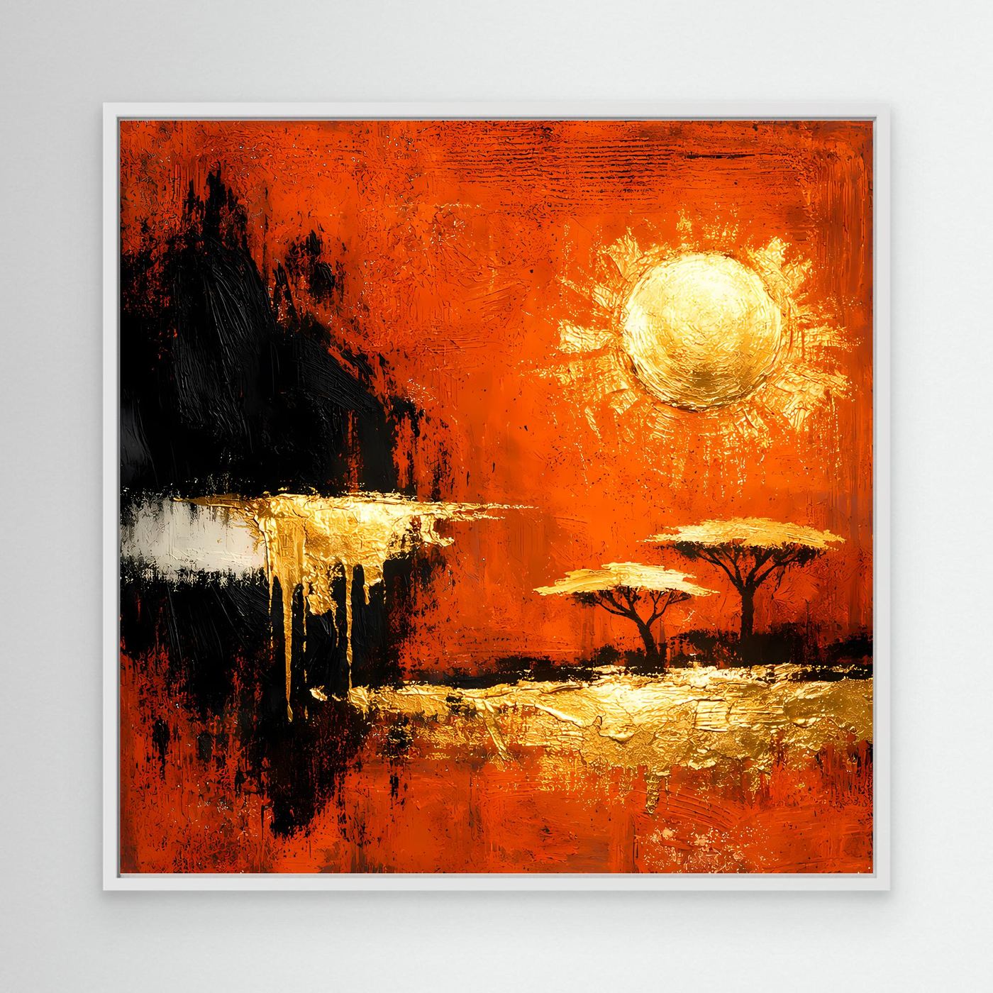 Leinwand Abstrakte Savanne bei Sonnenuntergang | Modernes Afrika Wandbild in Rot und Gold
