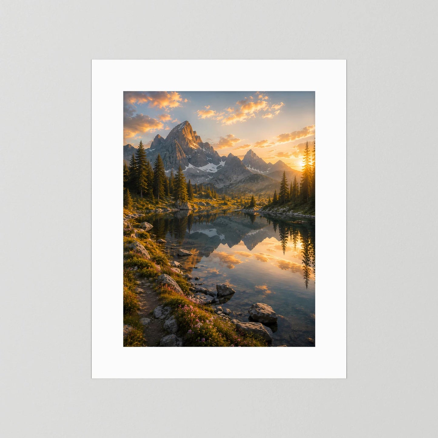 Bergsee bei Sonnenuntergang | Alpenpanorama mit Wasserspiegelung | Poster Hochformat