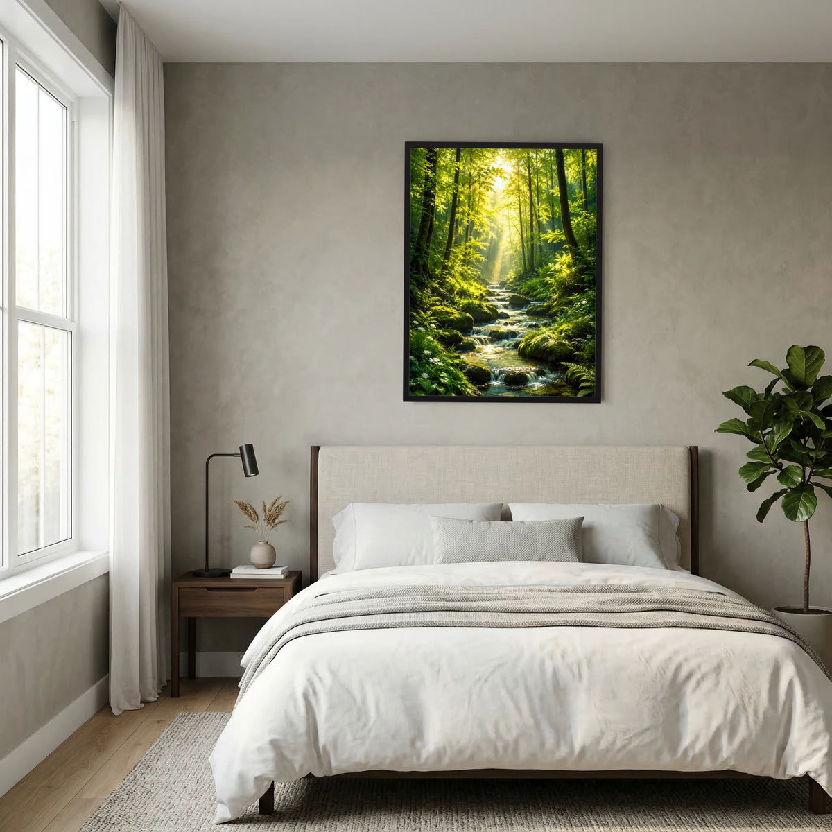Hochformat-Poster mit Waldbach und Sonnenstrahlen im grünen Wald, schwarzer Rahmen