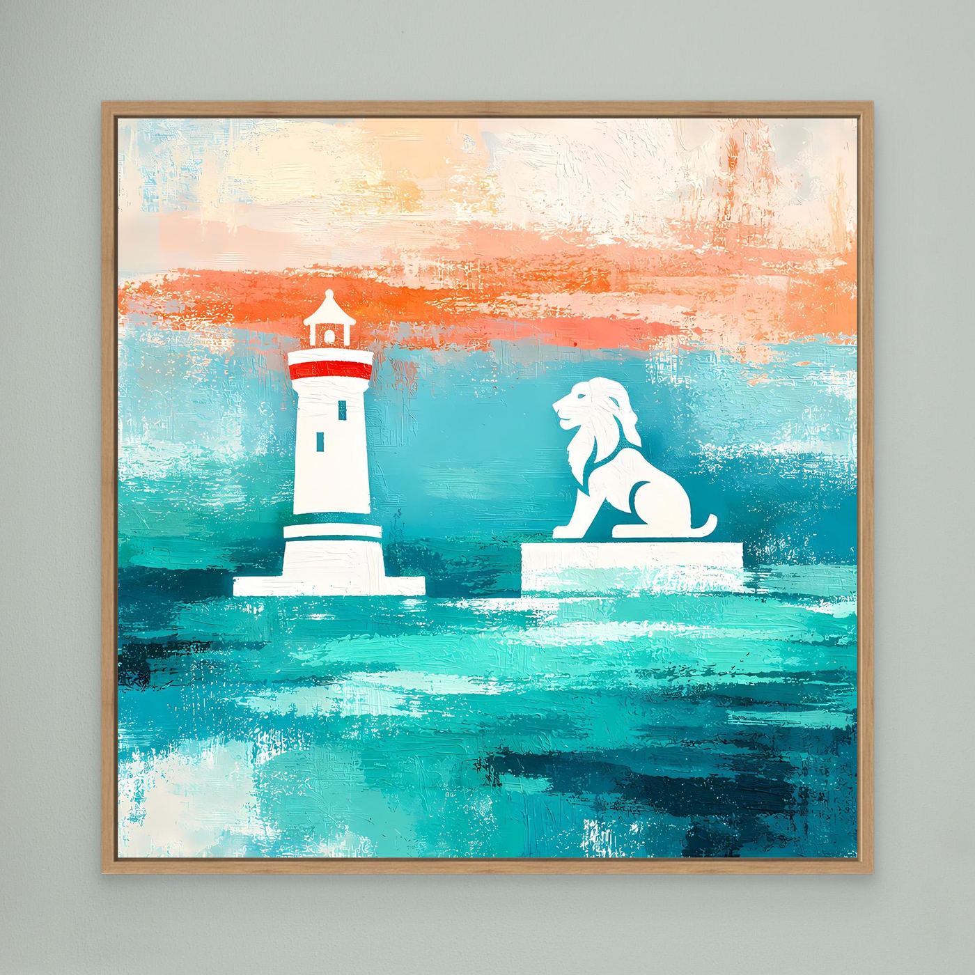 Leinwand Maritimer Leuchtturm und Löwe | Abstraktes Küsten Wandbild Lindau