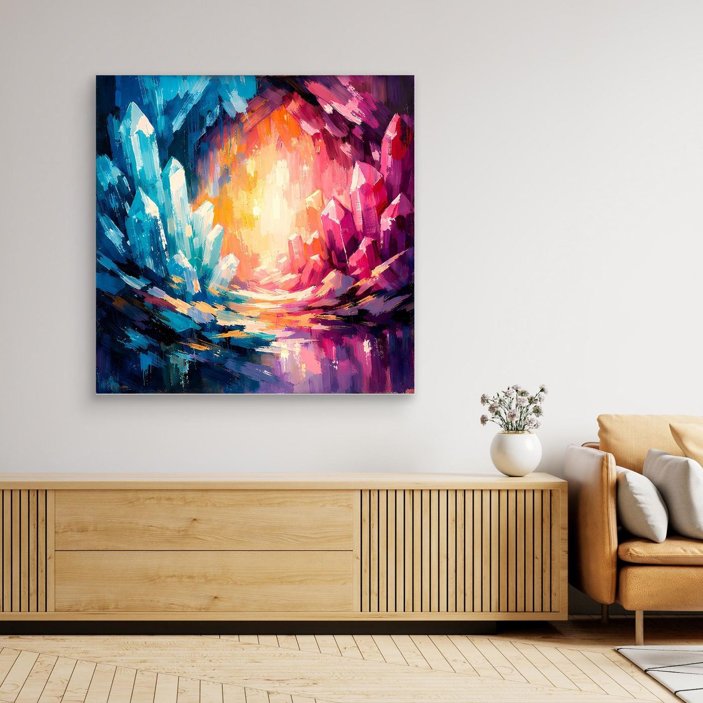 Abstract crystal canvas wall art with blue and pink shards above a wooden cabinet