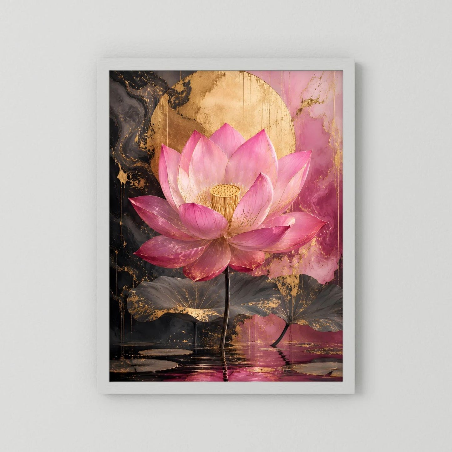 Lotusposter mit rosa Seerosenblüte, weißer Rahmen und farbige Gold-Optik