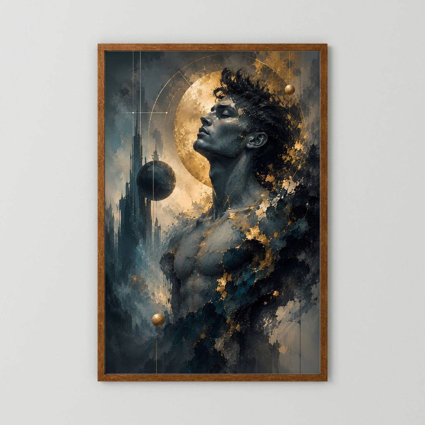 Kosmischer Mann in Gold und Anthrazit | Mystische abstrakte Weltraumkunst | Poster Hochformat
