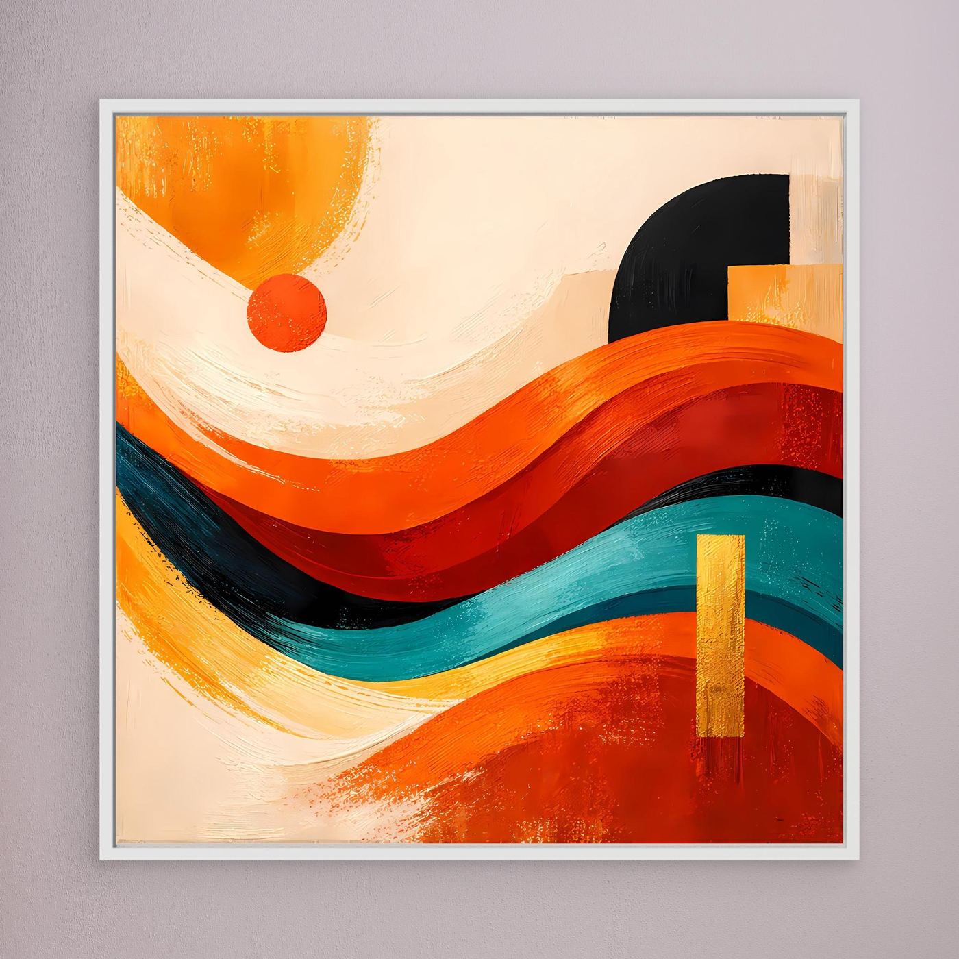 Abstraktes Leinwandbild mit Wellen und Dünen, Orange/Rot/Türkis, heller Rahmen