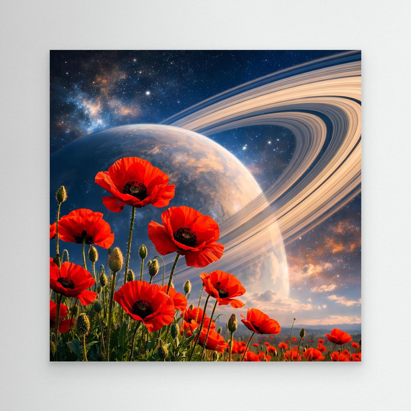 Leinwandbild mit roten Mohnblumen und Weltall-Motiv ohne Rahmen