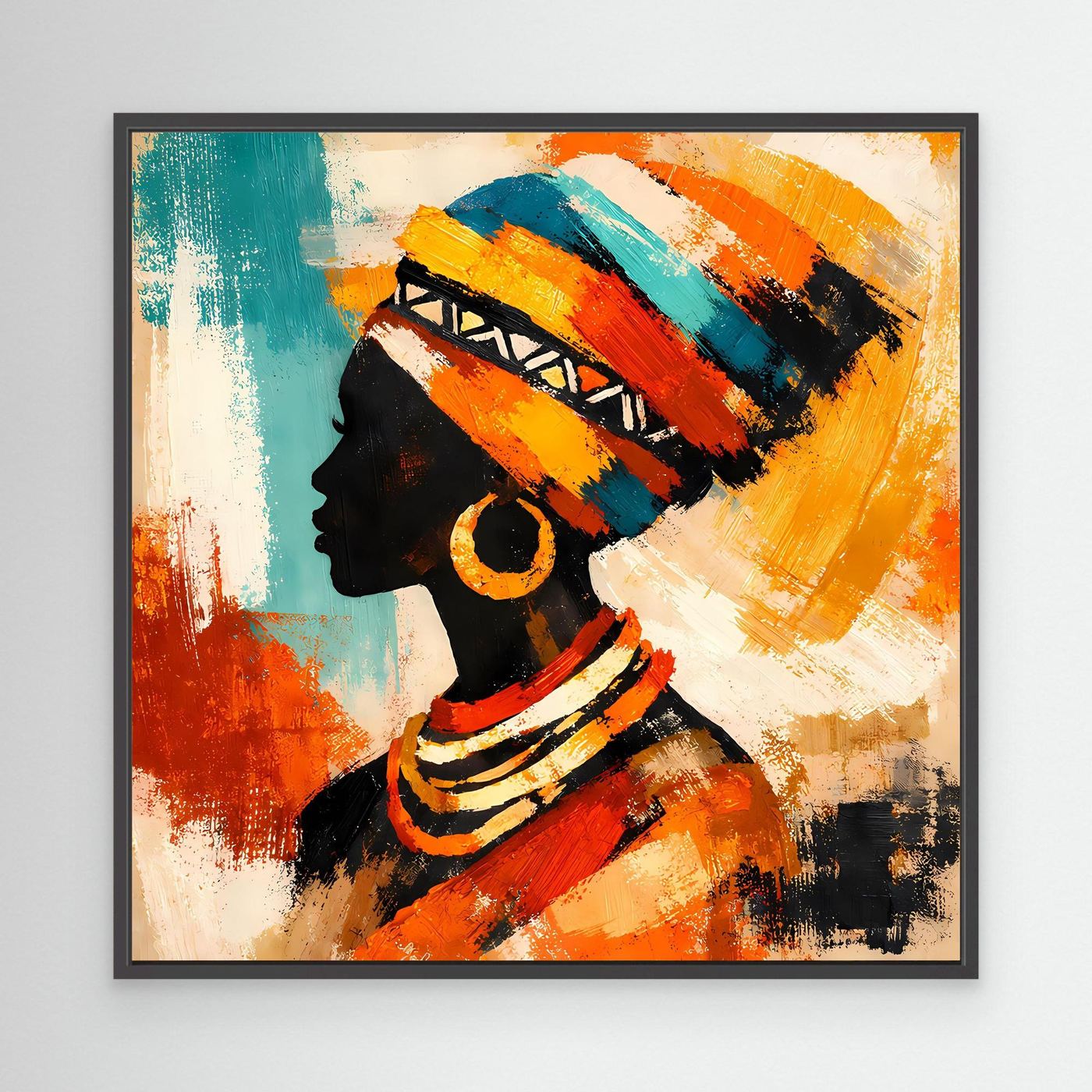 Abstract profile woman wall art in black frame, teal and orange headwrap with red clothing
