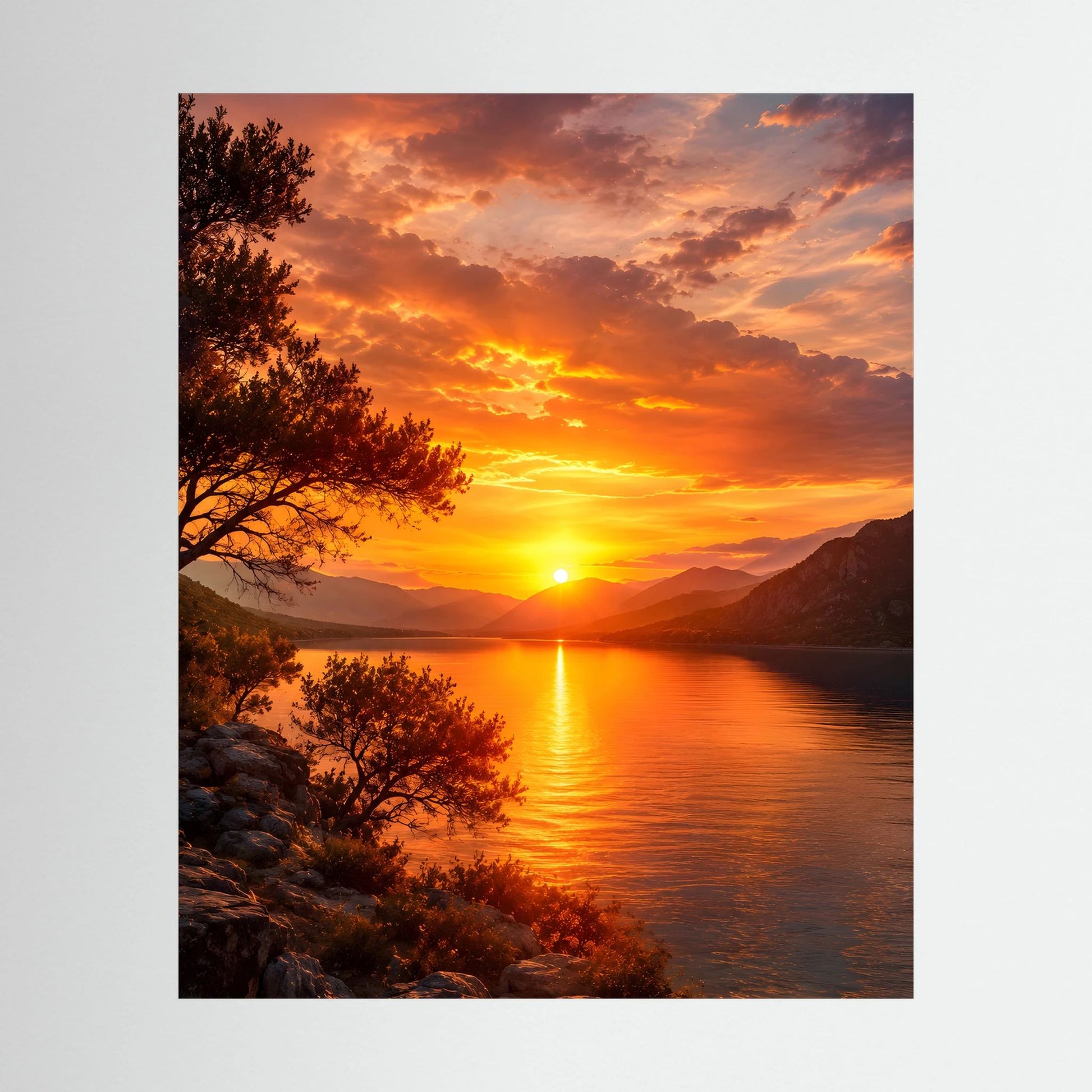 Hochformat-Poster mit Sonnenuntergang über See, Sonne im Wasser und Bergen