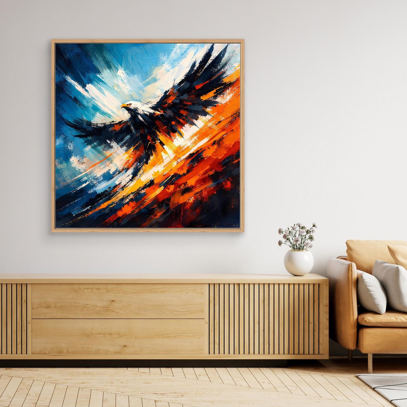 Abstraktes Wandbild mit Adler-Motiv in Blau-Orange, Holzrahmen