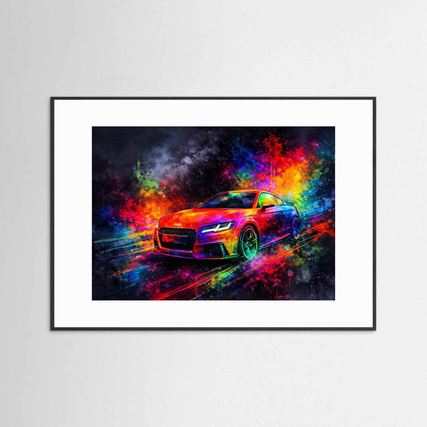 Explosiver Modern Sportwagen | Buntes Neon Auto Wandbild & Kunst Poster Querformat