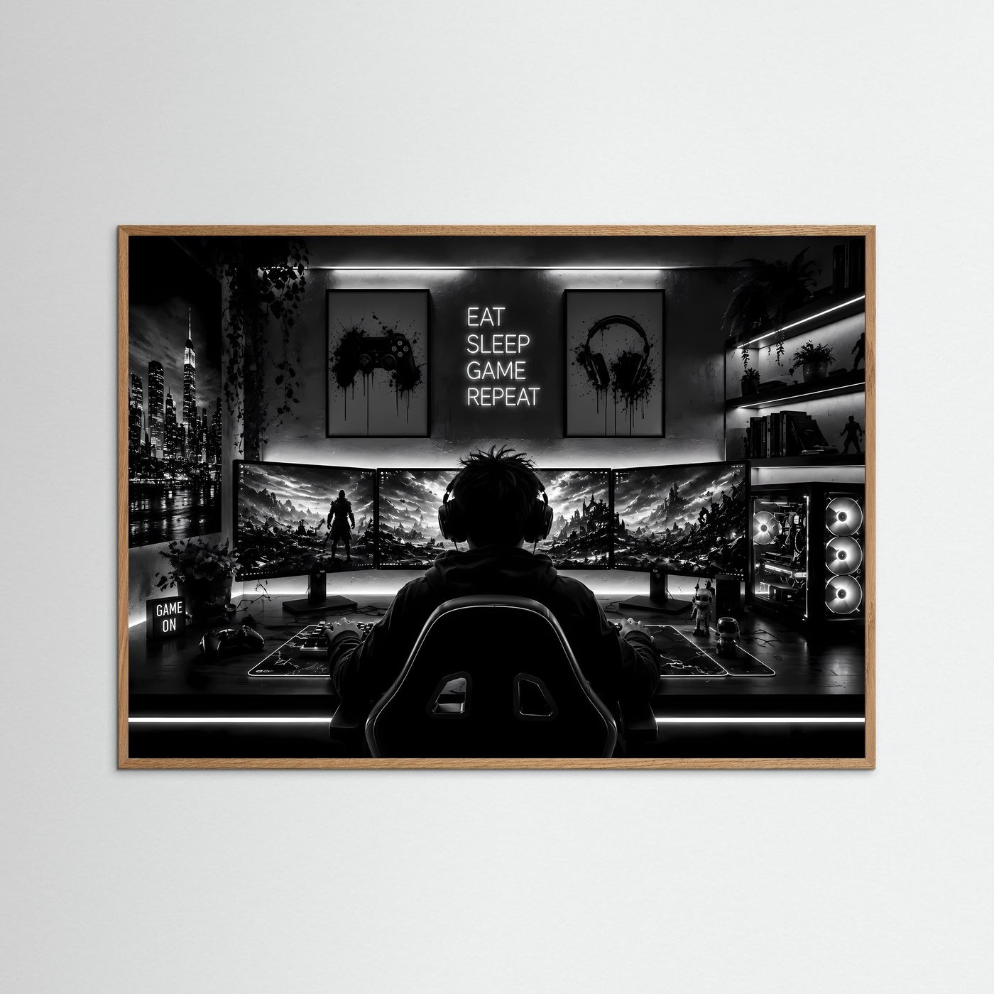 Gaming Poster Schwarz Weiß | Gamer Setup Wandbild | Gaming Room Deko | PC Gaming Kunst | Monochromer Fine Art Print