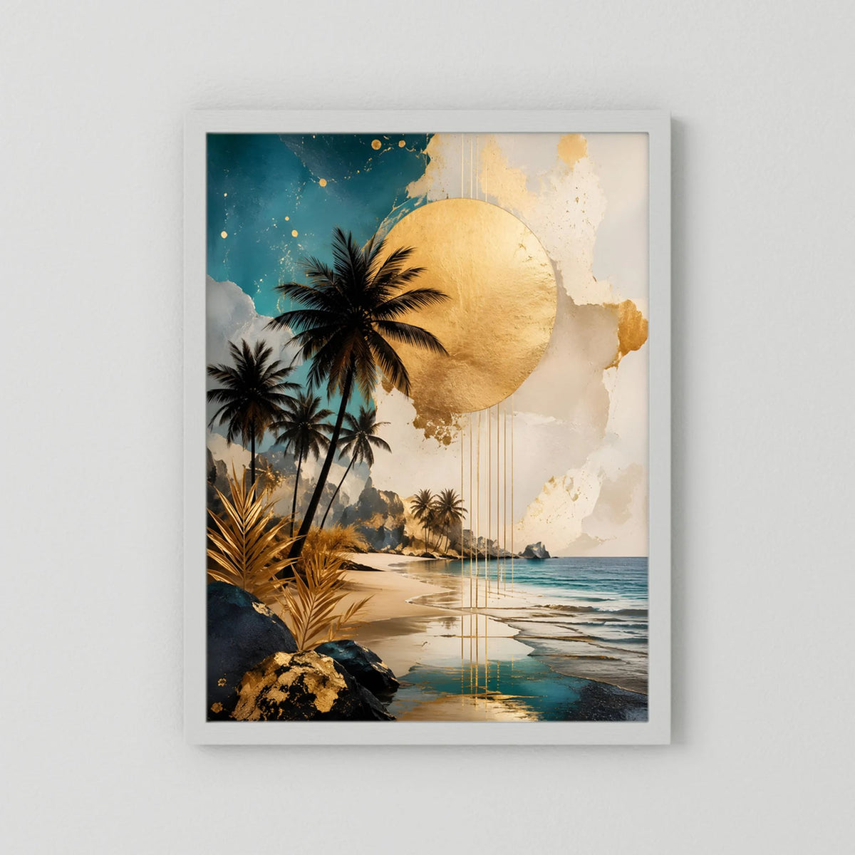 Poster ohne Rahmen: Palmen, goldene Sonne, tropischer Strand und spiegelndes Wasser