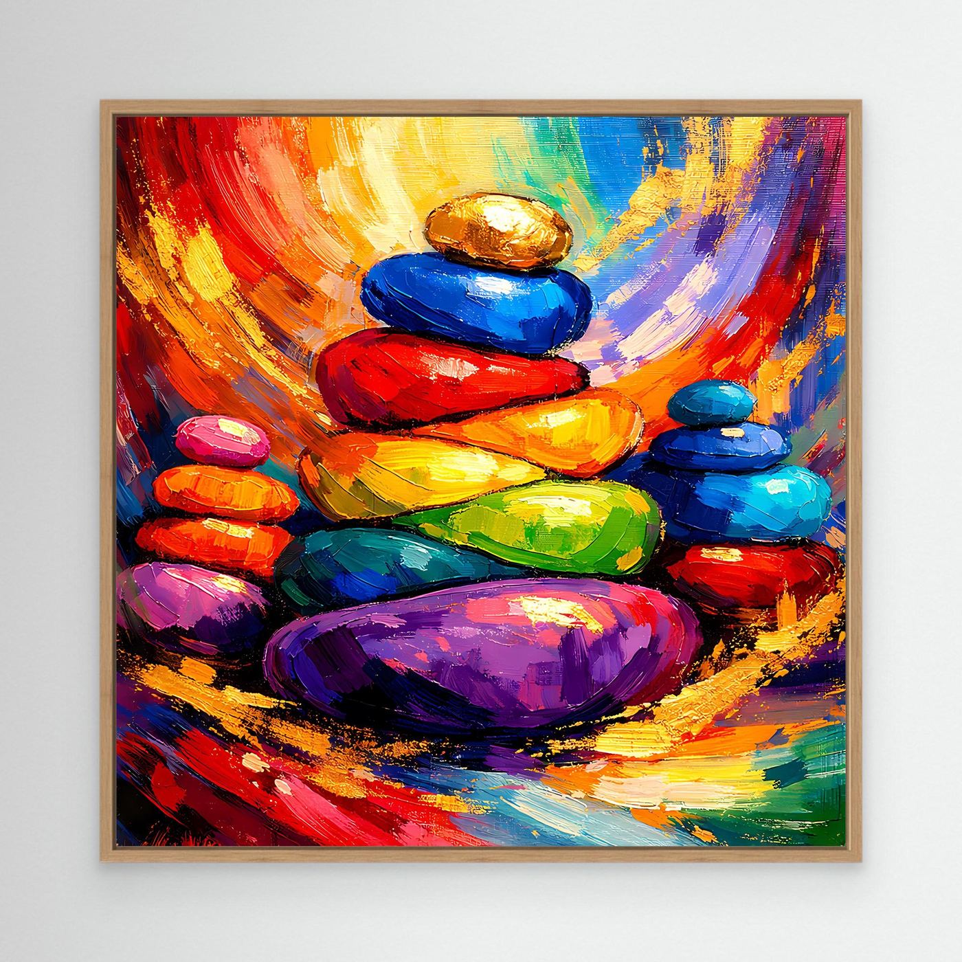 Abstraktes Leinwandbild mit Zen-Steinen in Farben, brauner Holzrahmen.