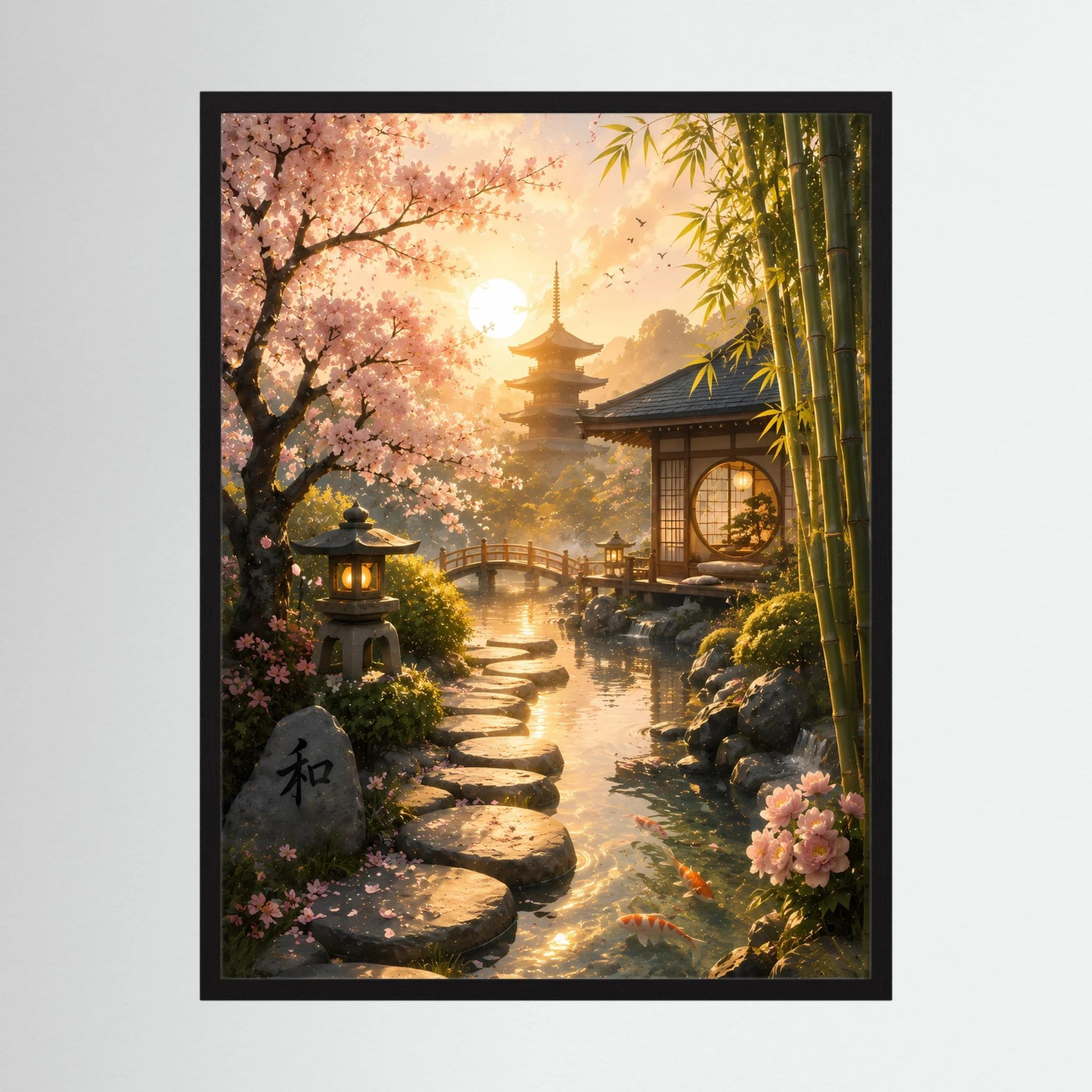 Hochformatiges Poster mit japanischem Garten, Kirschblüten, Bambus und Teichweg im Sonnenlicht