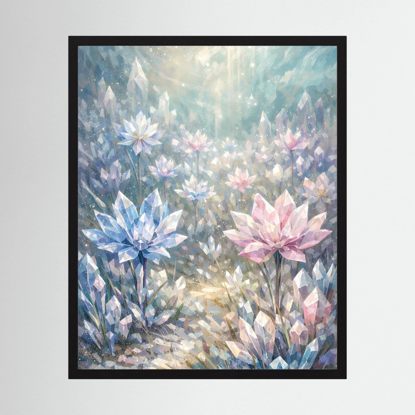 Gerahmtes Hochformat-Poster mit Kristallblumen in Pastellfarben, Blau, Rosa und Perlmutt