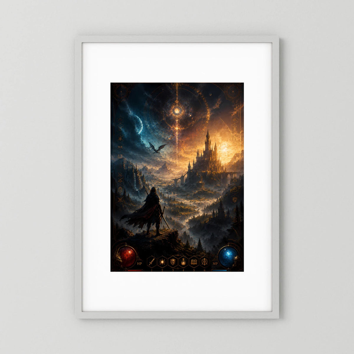 Hochformatiges Kunstposter: magische Burg mit Krieger und Drachen, dunkle Fantasy-Illustration