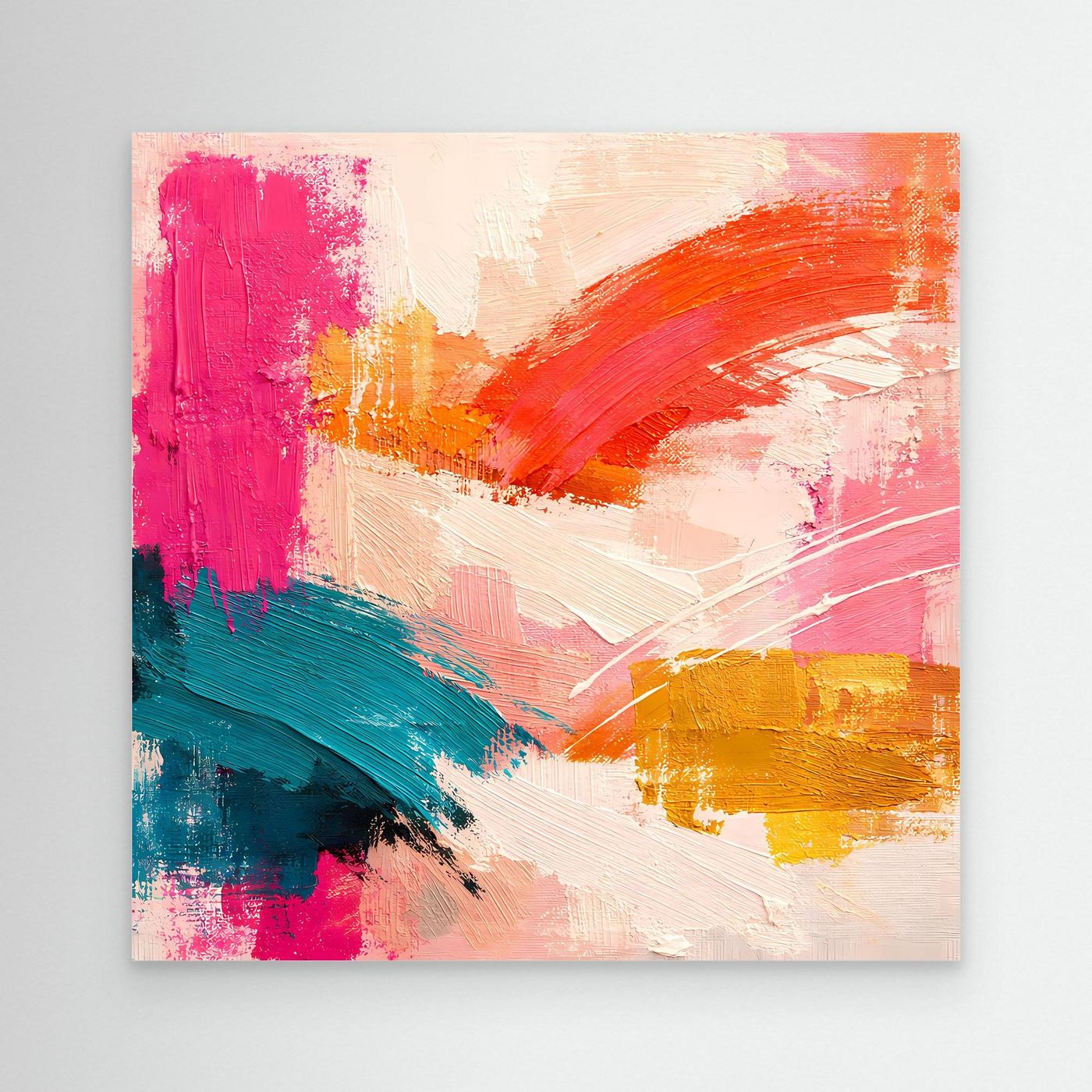 Abstraktes Leinwand-Wandbild mit Pinselstrichen in Pink, Orange, Petrol und Gelb