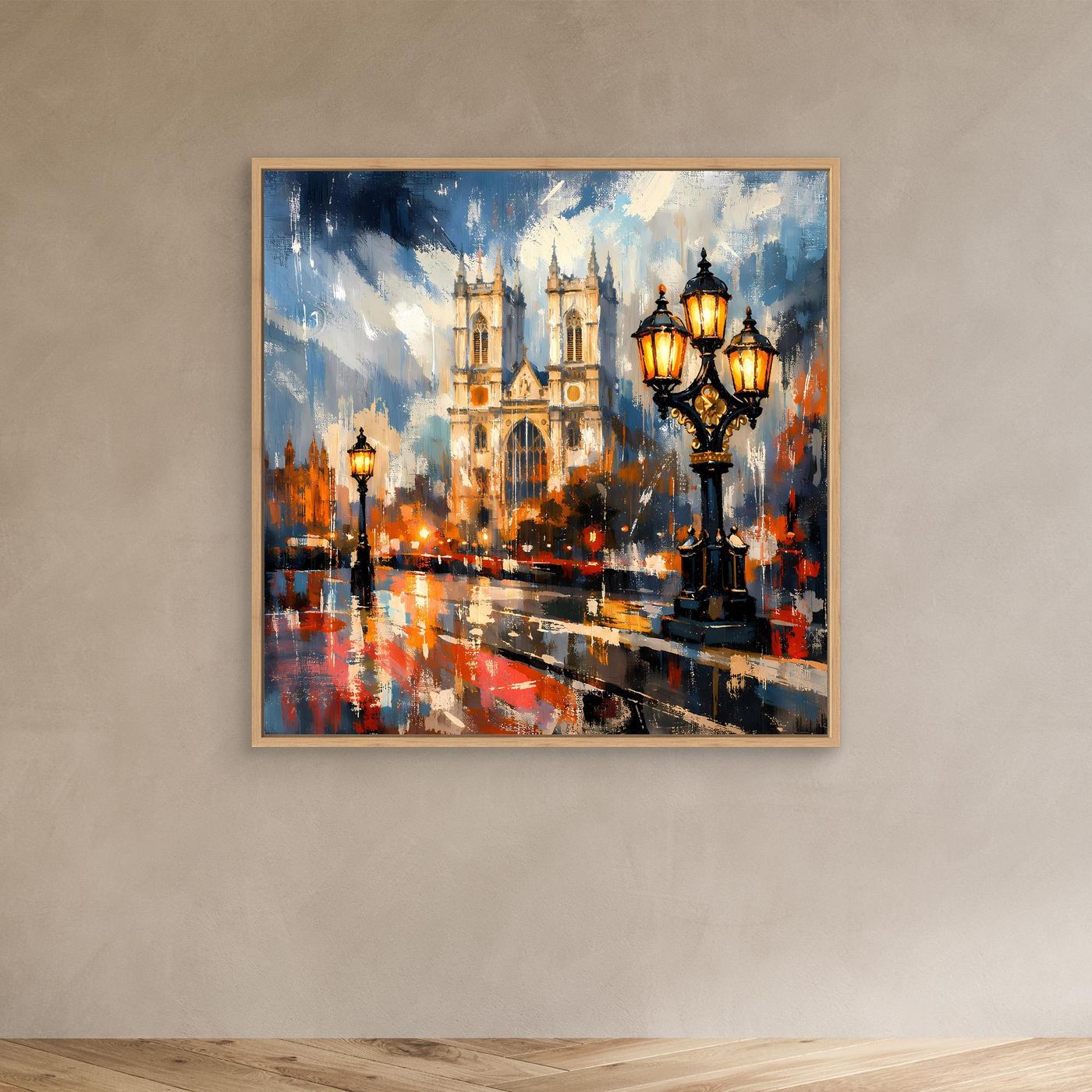 Abstraktes Leinwand-Wandbild mit Laternen und Kathedrale im Regen, Eichenrahmen.