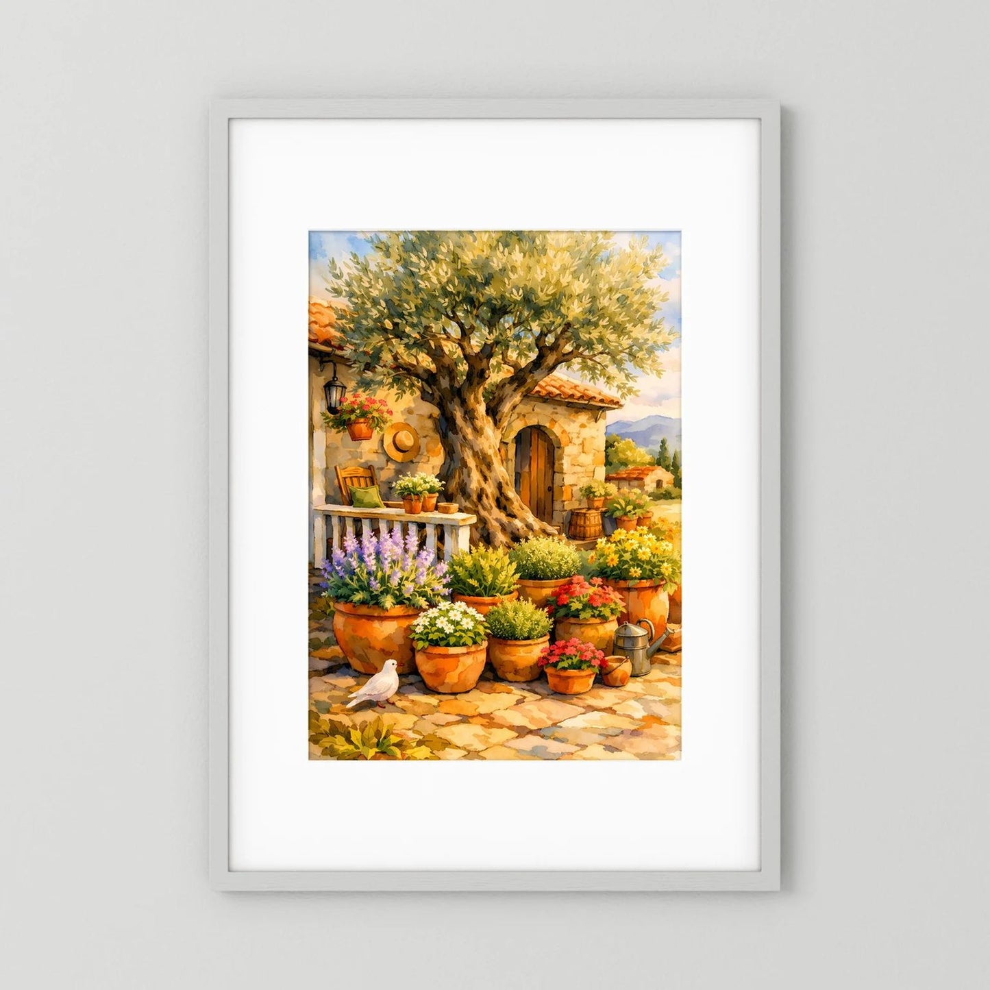 Gerahmtes Wandbild mit mediterranem Olivenbaum, Kübelpflanzen und Steinterrasse