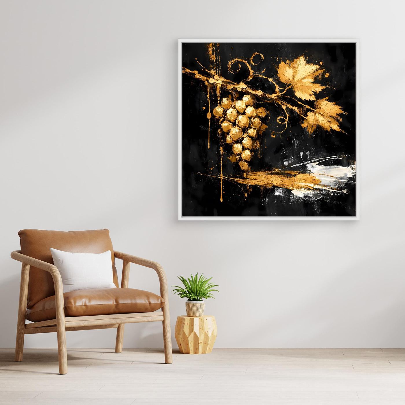 Leinwand Goldene Weintrauben auf Schwarz | Modernes Luxus Wandbild Küche & Wohnzimmer