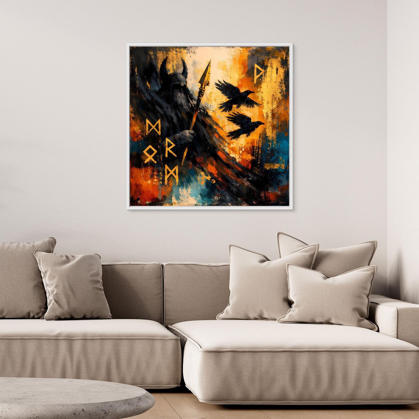 Leinwandbild mit Odin-Silhouette, Rabe, Speer und Runen, expressive Farbflächen