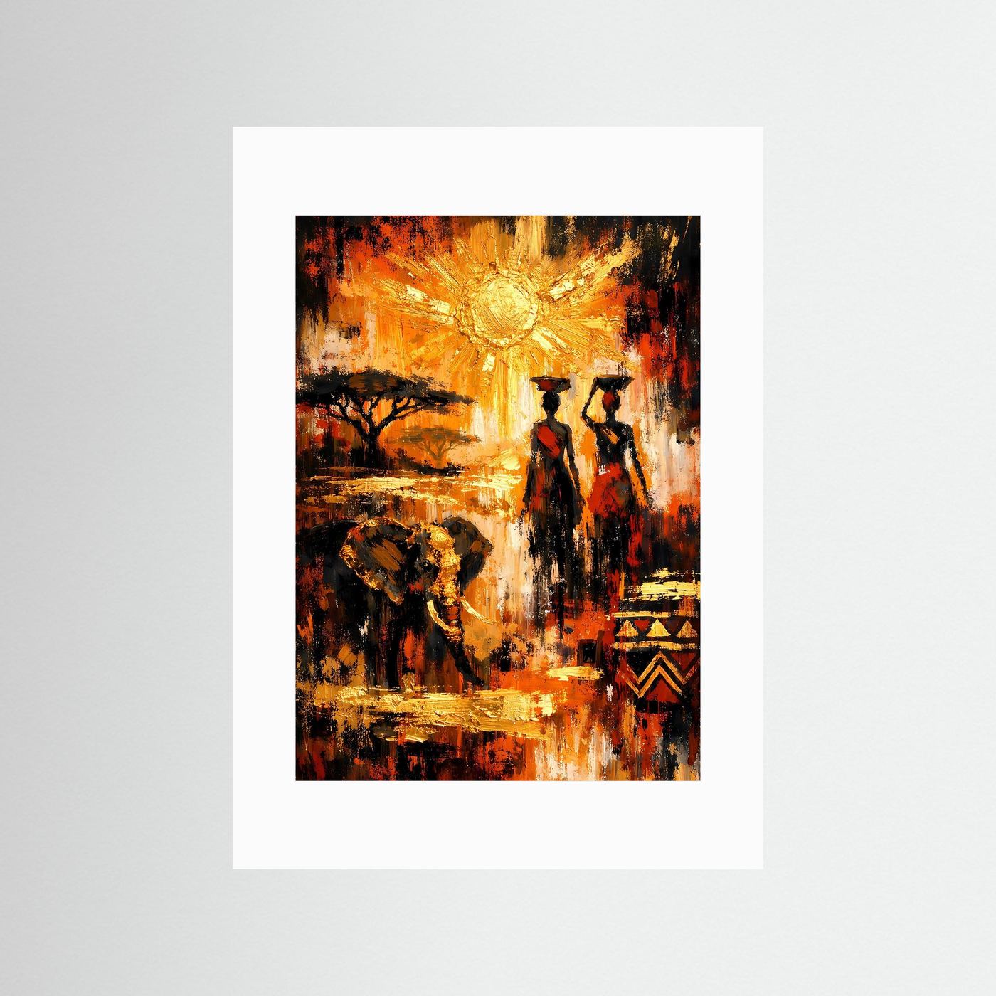 Ethno-Kunstposter im Hochformat mit goldener Sonne, zwei Figuren und Baum, mit weißem Passepartout