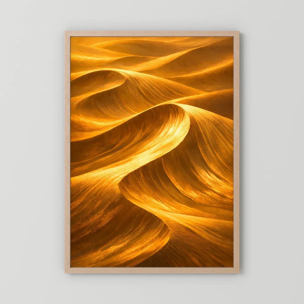 Wüstenlandschafts-Poster mit hellem Holzrahmen, abstrakte goldene Sanddünen