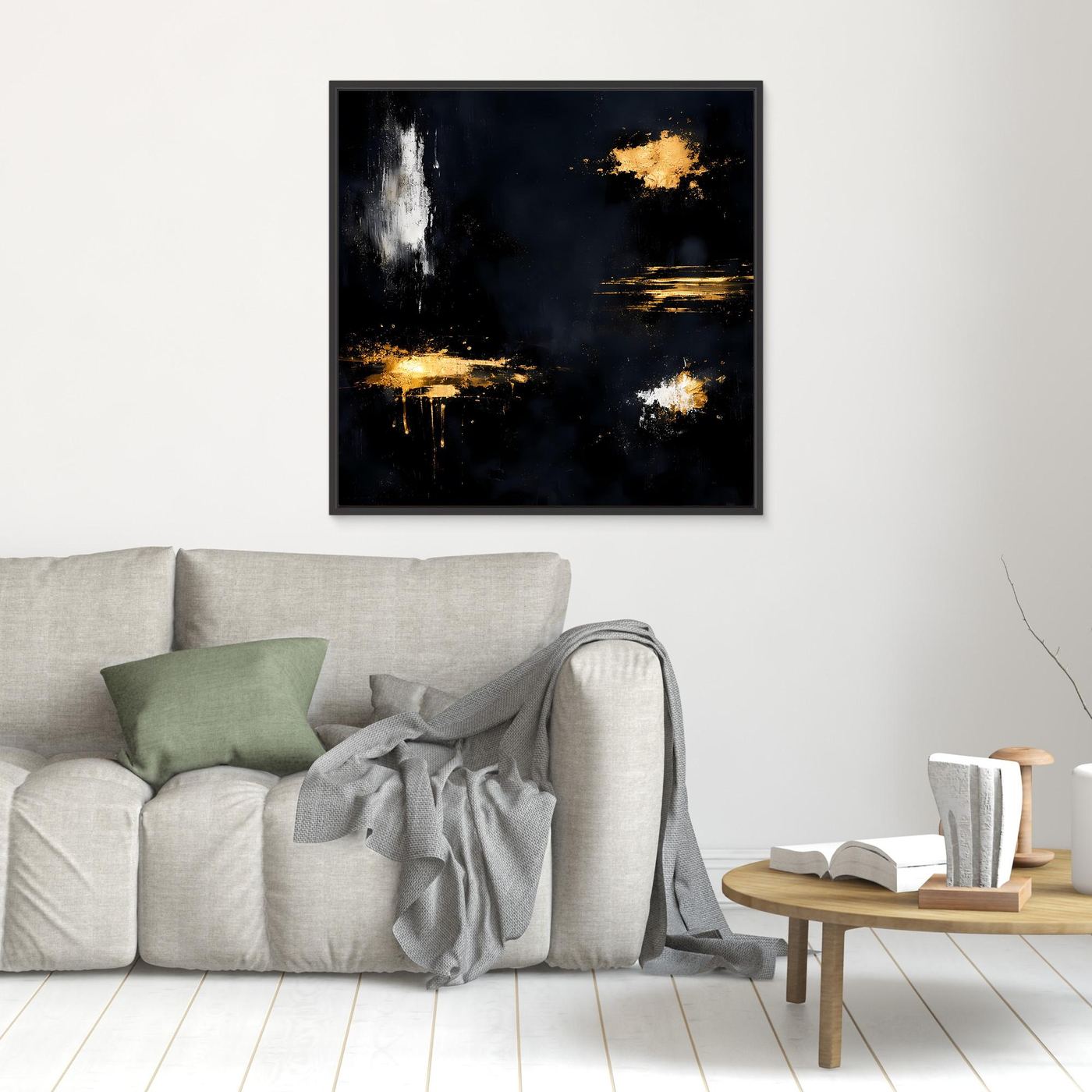 Leinwand Goldene Lichtakzente auf Schwarz | Modernes Abstraktes Minimalismus Wandbild