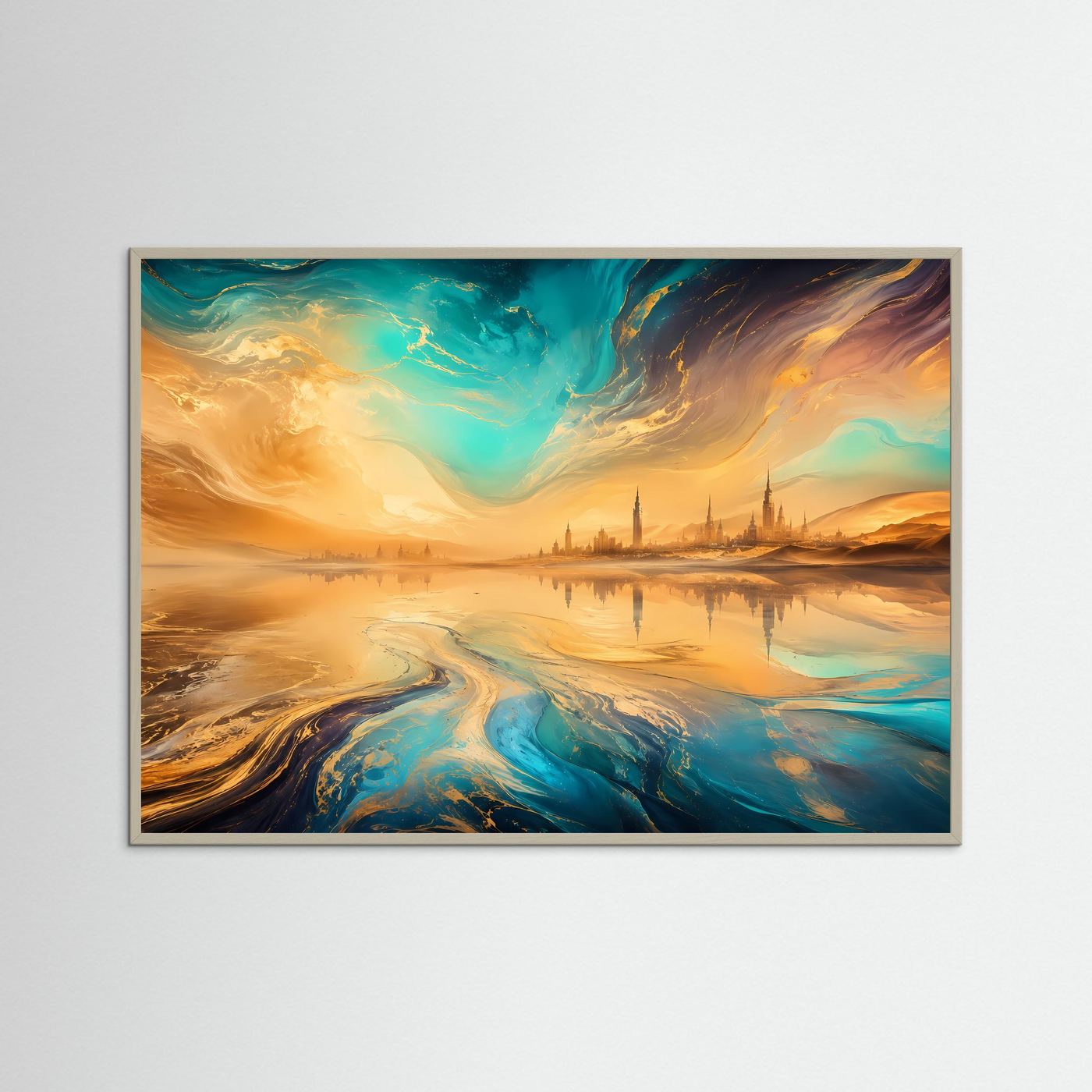Fata Morgana Poster | Surreale Wüstenlandschaft mit Gold und Türkis | Abstrakte Traumlandschaft | Modernes Wandbild
