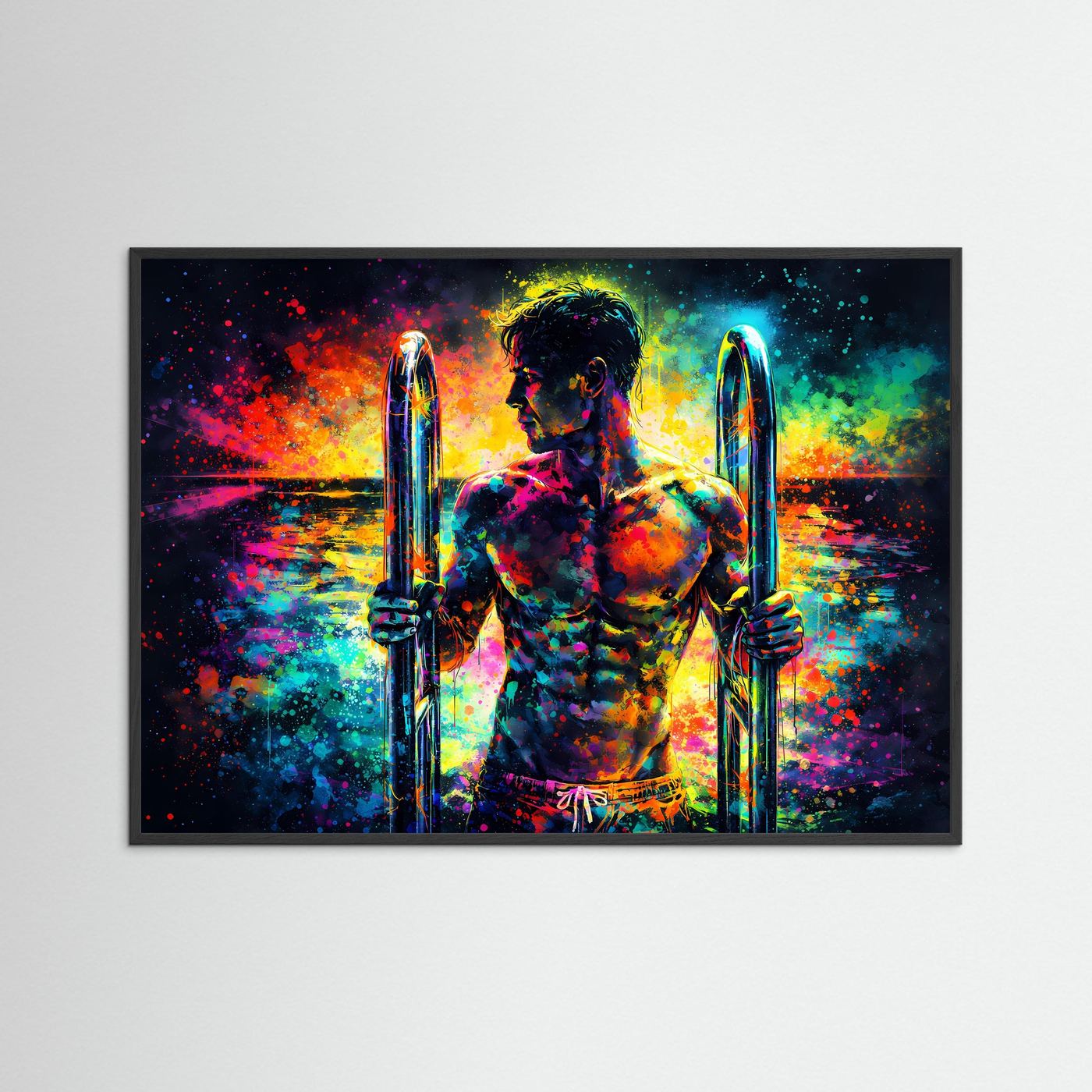Neonkunst-Poster im Querformat mit Figur und zwei leuchtenden Stäben, im schwarzen Rahmen