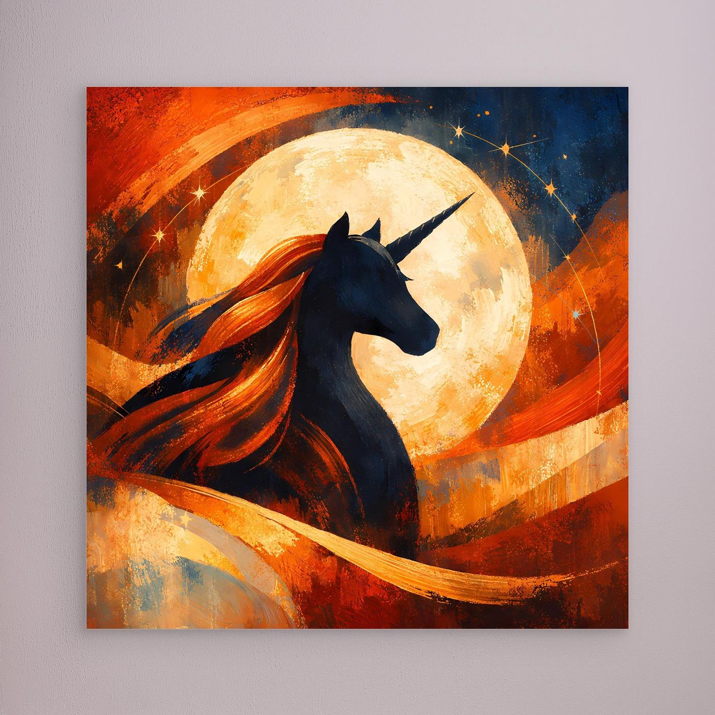 Leinwandbild ohne Rahmen mit Einhornsilhouette vor großem Vollmond, rote und blaue Farbfelder