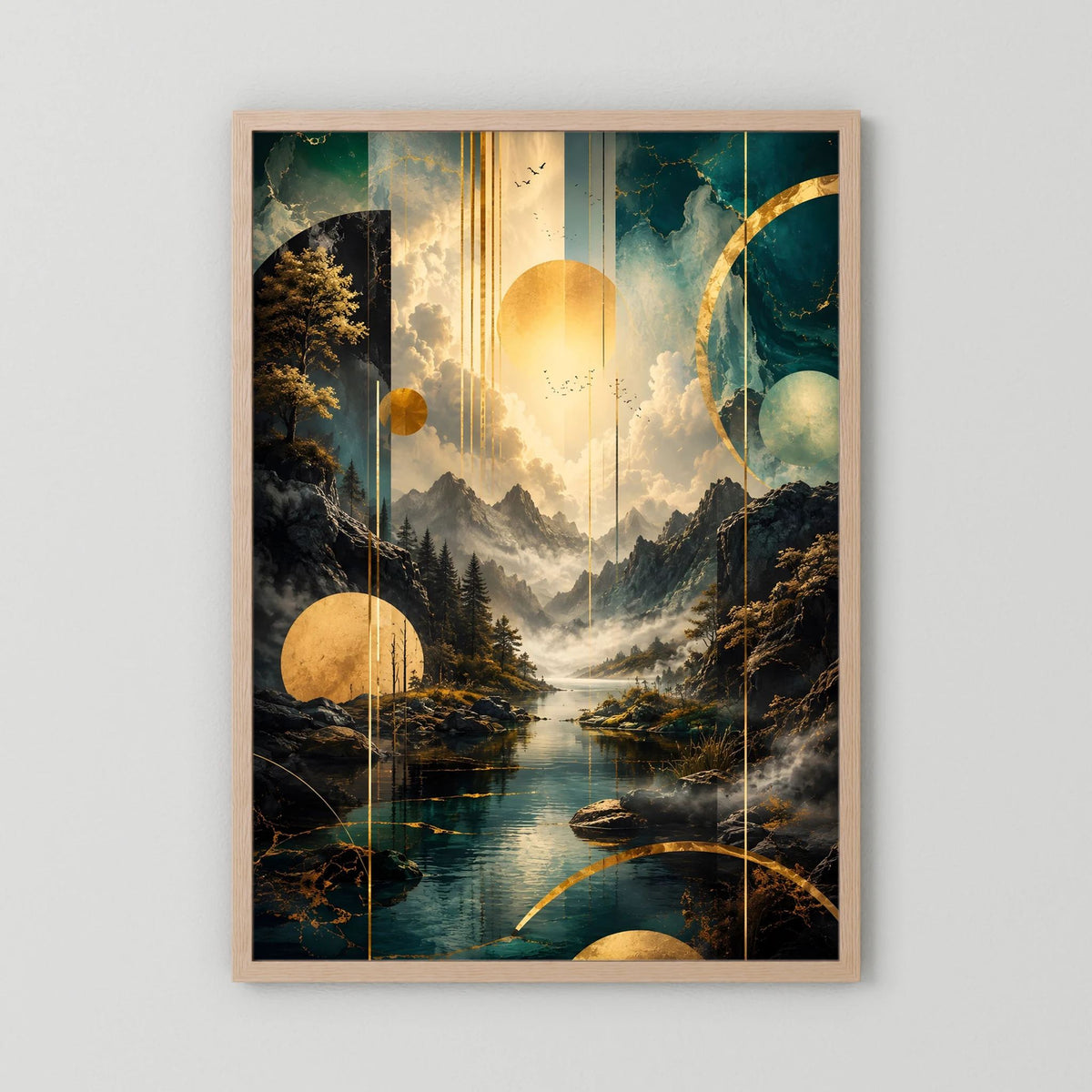 Poster im Hochformat mit hellem Holzrahmen, abstrakte Berglandschaft in Petrol & Gold.