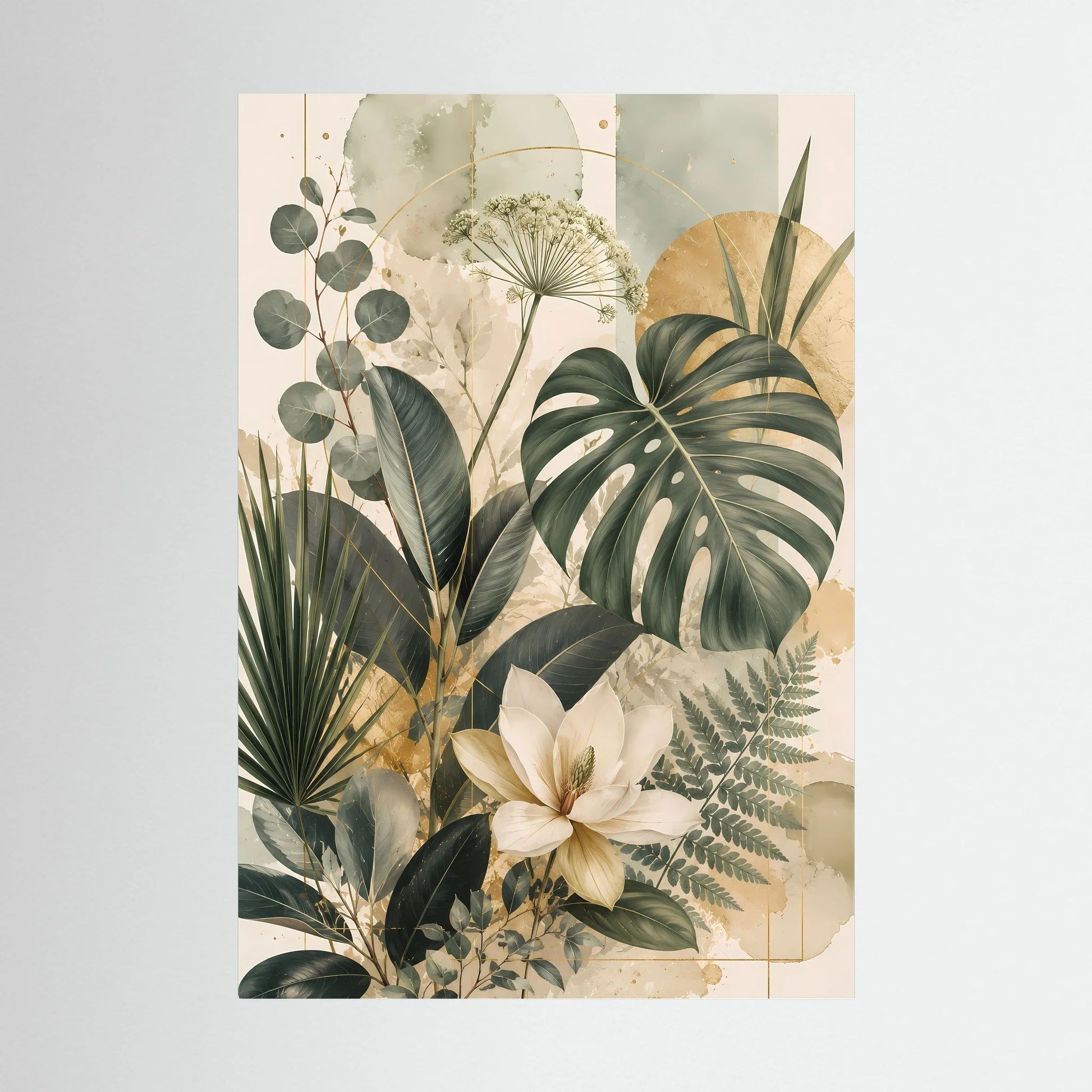 Hochformatiges Poster mit Monstera- und Magnolienmotiv in Grün und Gold, ohne Rahmen