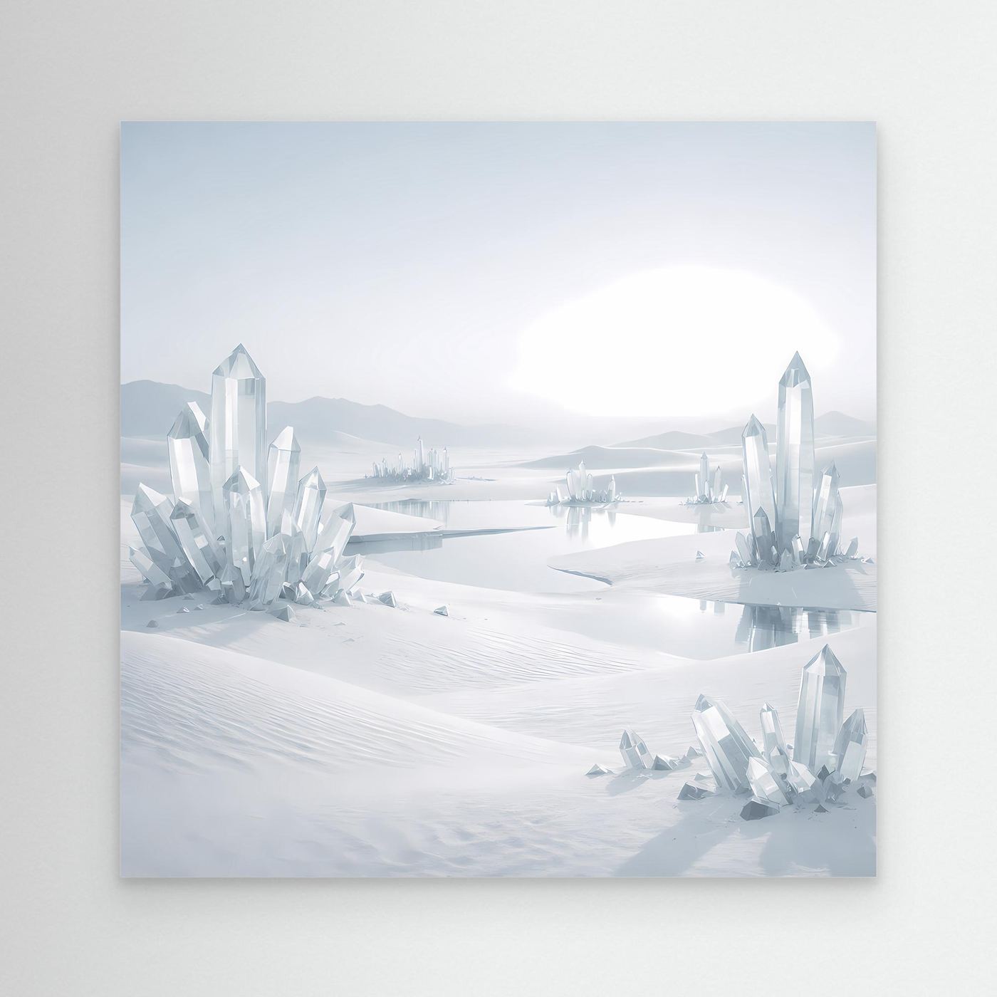 Leinwandbild mit mystischer Eisberg-Kristall-Landschaft, weiß-grauer Winterlook