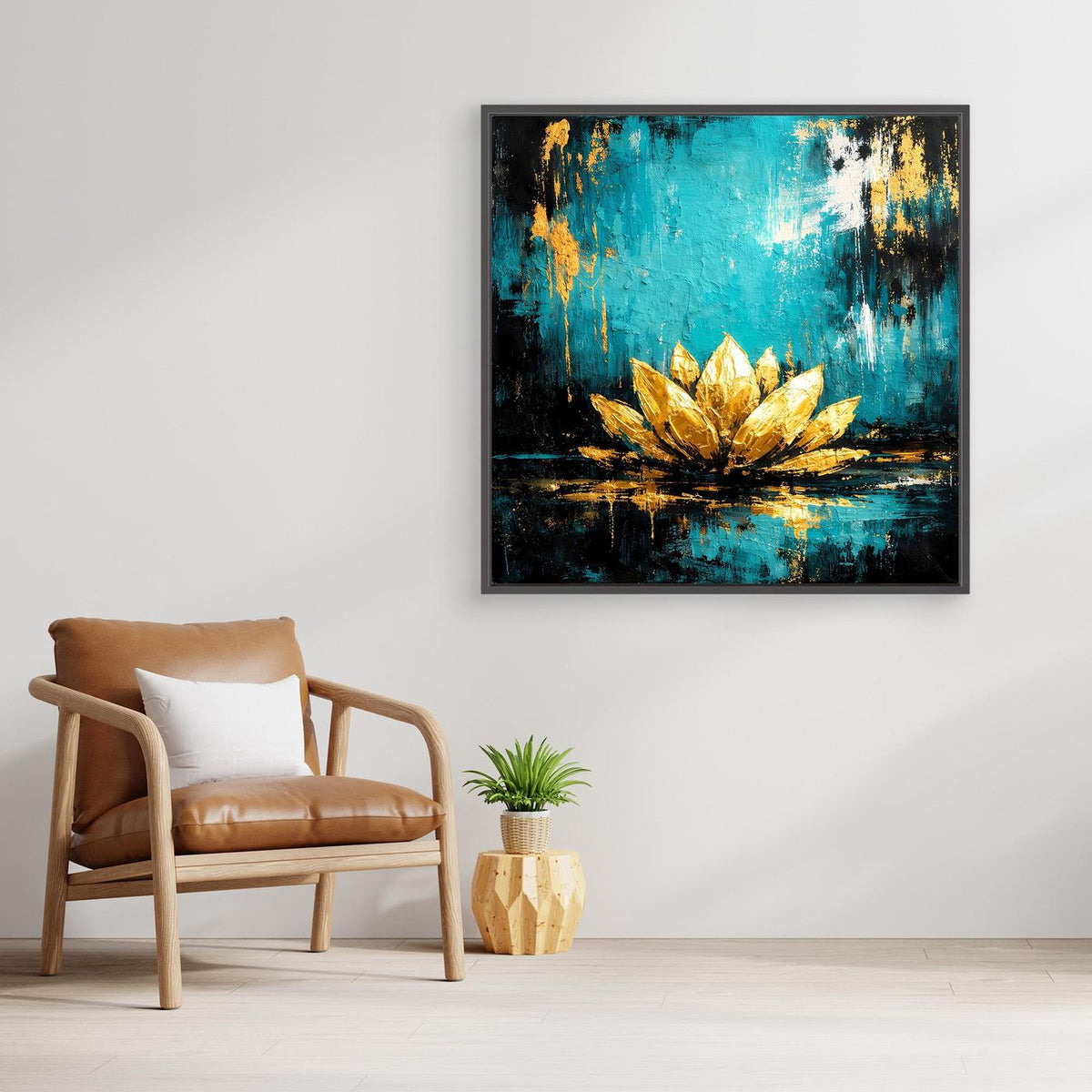 Wandbild mit abstrakter Lotusblüte in Türkis und Gold, schwarzer Rahmen