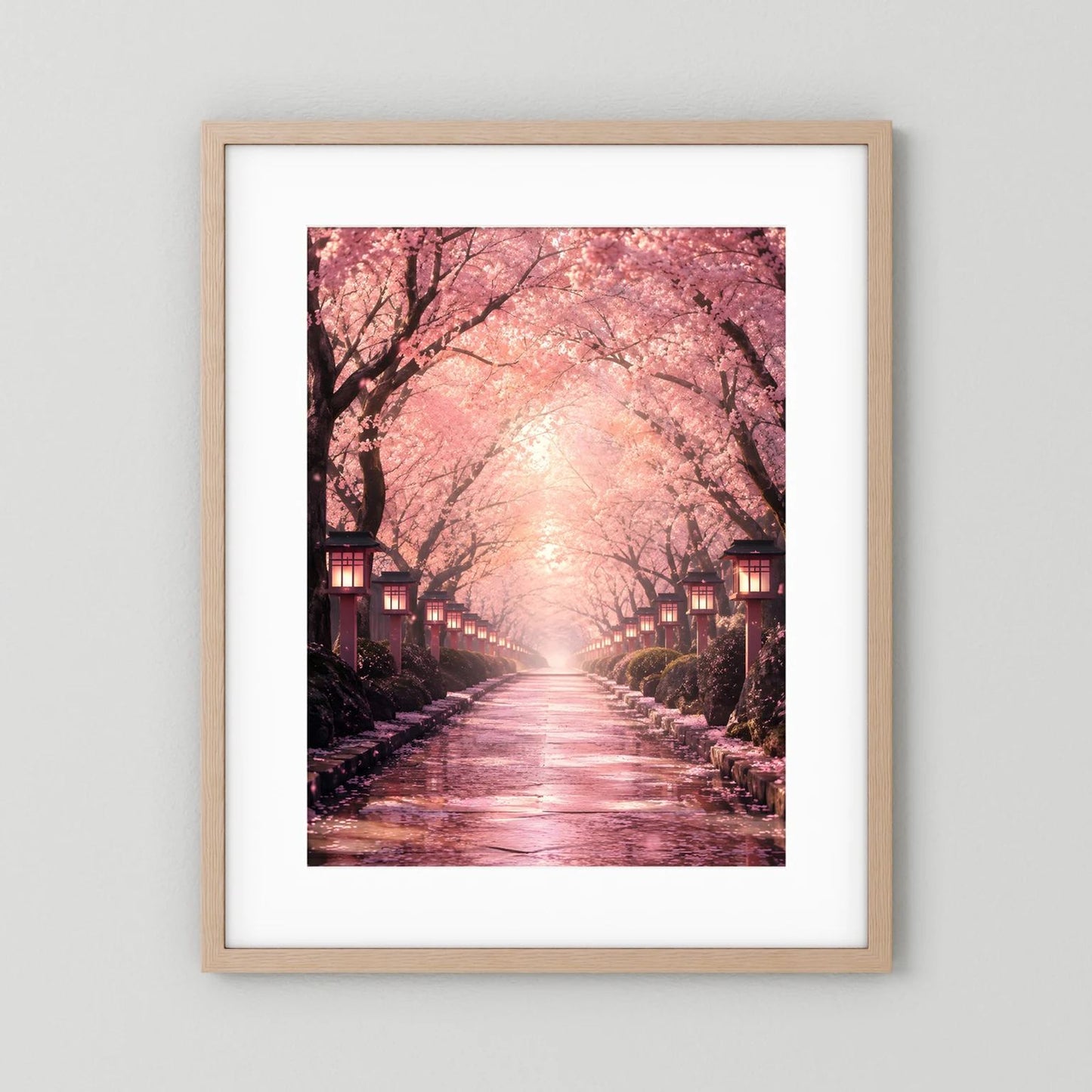 Hochformat-Wandposter mit Kirschblütenallee in Rosa, Holzrahmen hellbraun