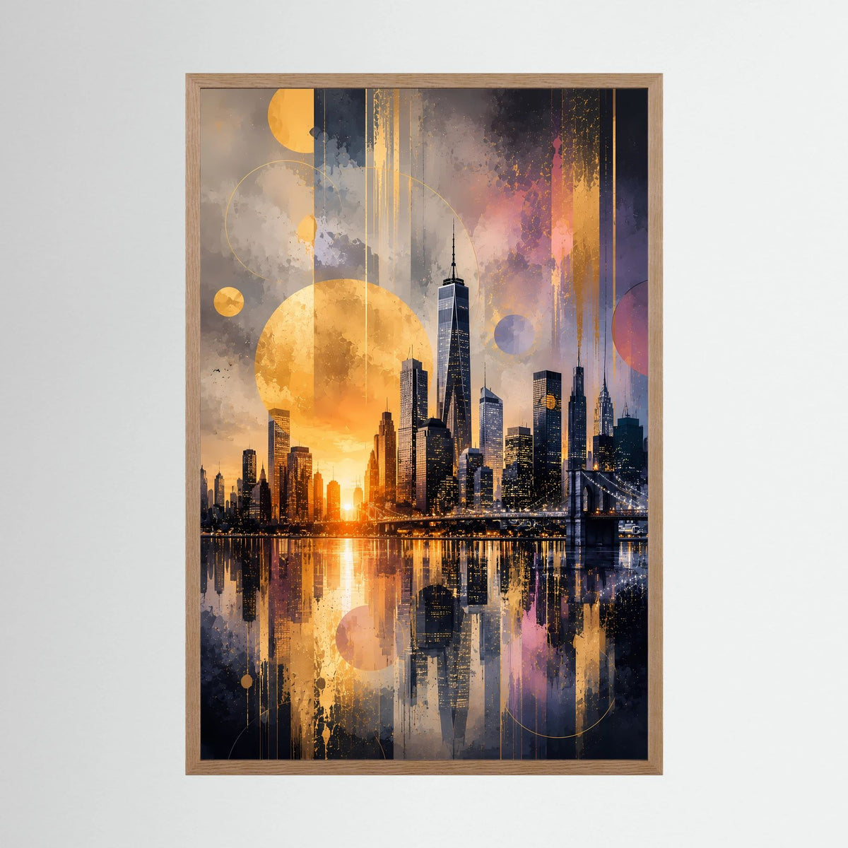 Hochformat-Poster in hellem Holzrahmen mit abstrakter New-York-Skyline im Goldlicht