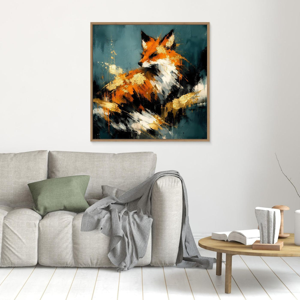 Leinwandbild mit abstraktem Fuchs in Orange, Weiß und Gold, türkis, brauner Rahmen