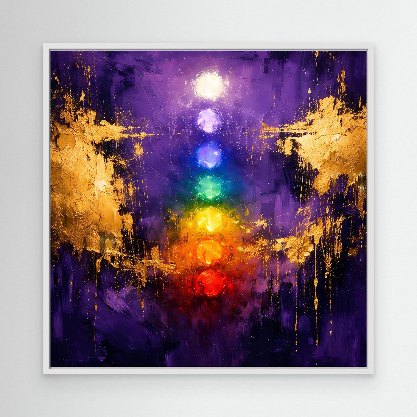 Leinwand Sieben Chakren auf tiefem Violett | Modernes Spirituelles Yoga Wandbild
