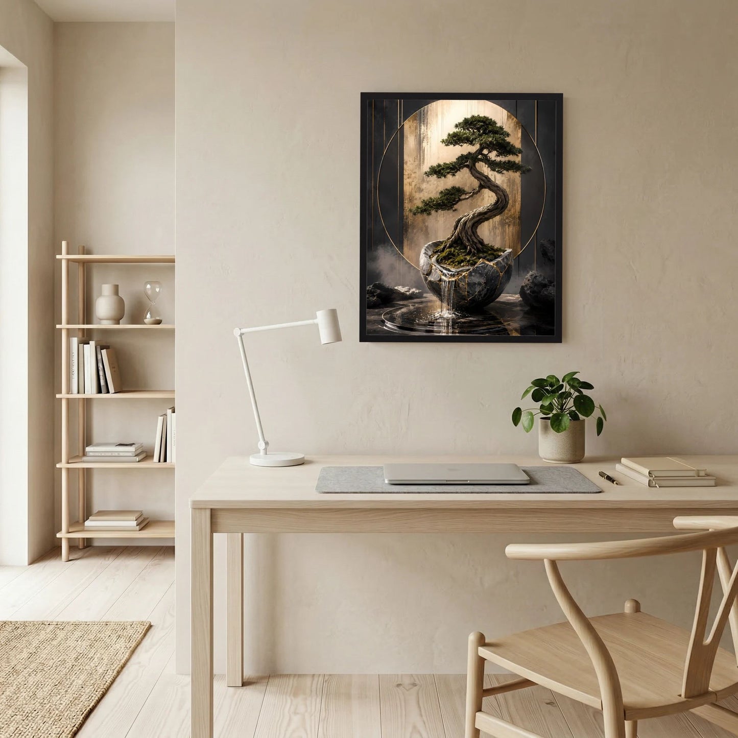 Hochformat-Wandbild mit Bonsai im schwarzen Gefäß, goldene Linien und Kreisbögen