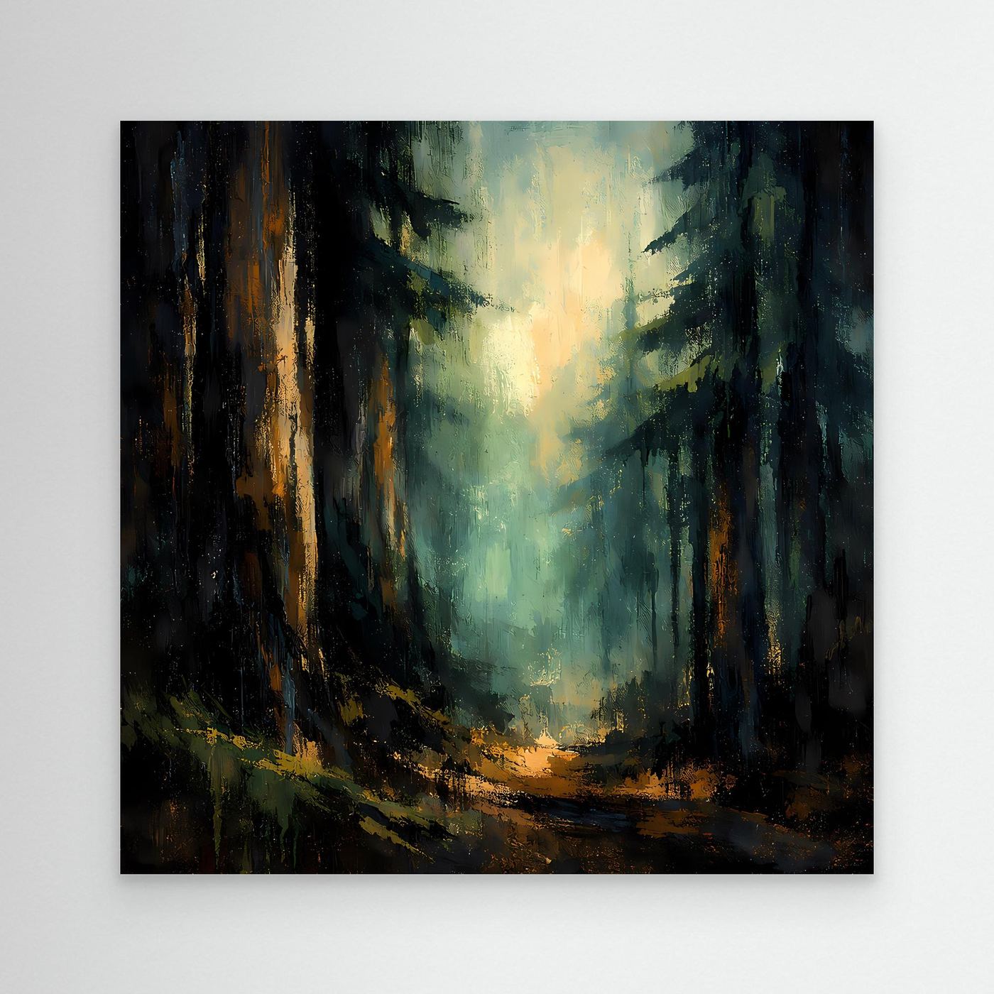 Abstraktes Leinwand-Wandbild: mystischer Tannenwald mit Lichtschein, dunkel gerahmt