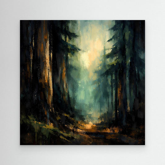 Abstraktes Leinwand-Wandbild: mystischer Tannenwald mit Lichtschein, dunkel gerahmt